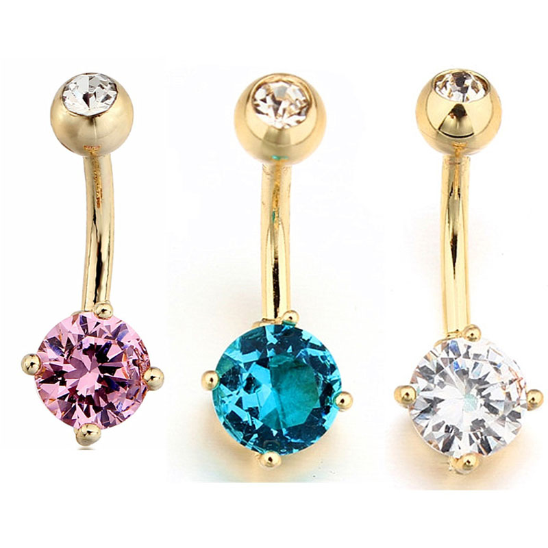 Wholesale Jewelry Gold Round Zirconia Short Belly Button Ring With Pierced Belly Button