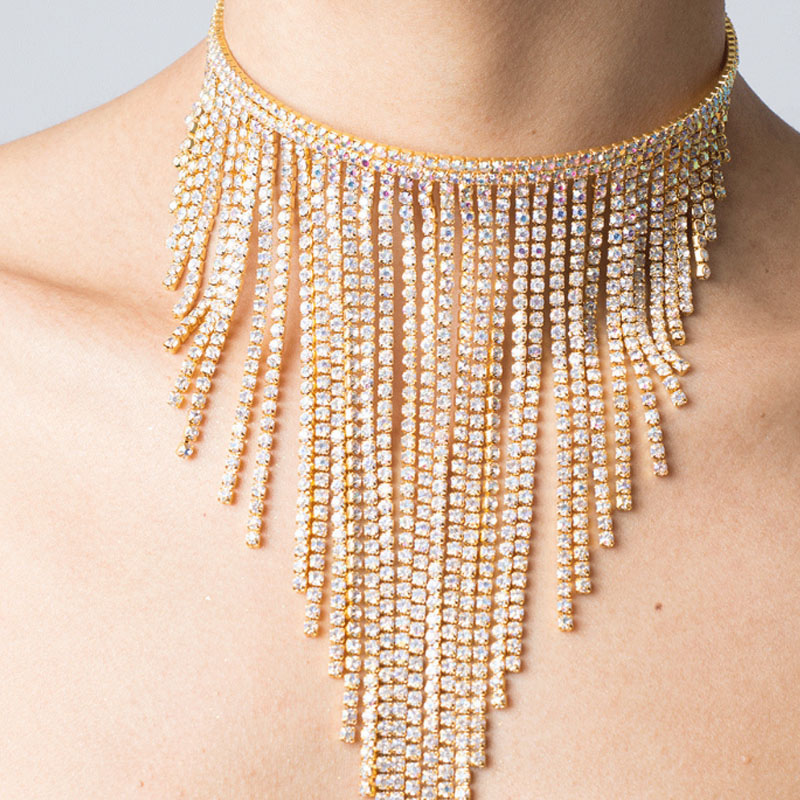 Wholesale Luxury Rhinestone Tassel Necklace Simple Versatile Neck Chain Exaggerated Diamond Clavicle Chain