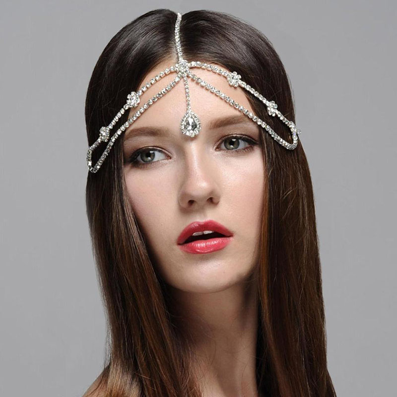 Wholesale Crystal Fashion Droplet Flower Hair Band With Diamonds Between The Forehead Bridal Jewelry
