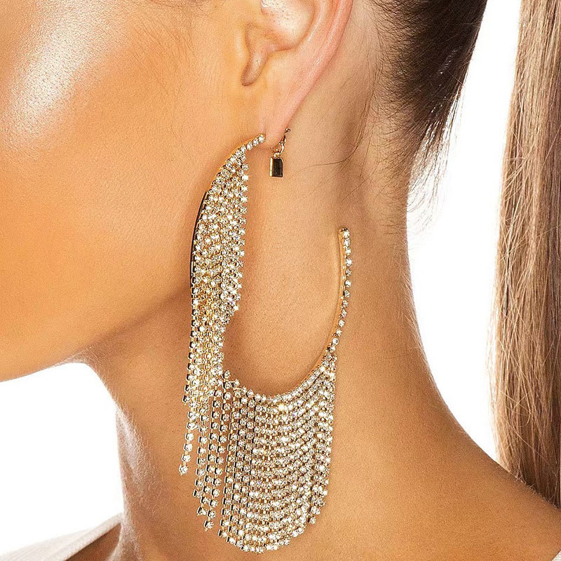 Wholesale Jewelry Exquisite Earrings Ladies Exaggerated Personality Tassel Rhinestone Hoop Earrings