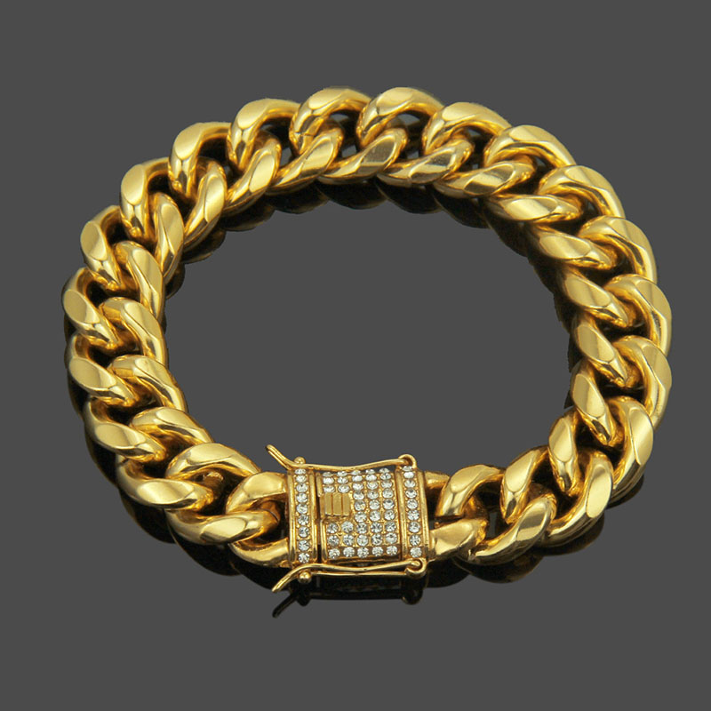 Wholesale Men's Diamond Studded Clasp Head Gold Cuban Bracelet