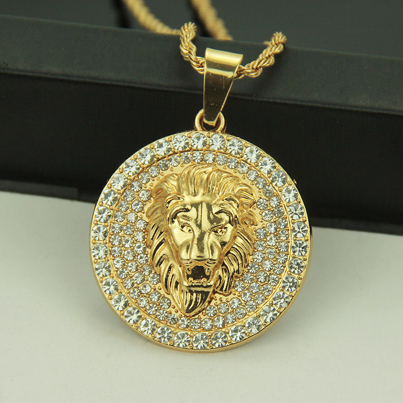 Wholesale Stereoscopic Diamond Encrusted Disc Lion Head Necklace