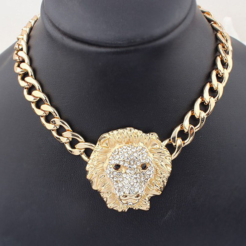Exaggerated Fashion Vintage Necklace Alloy With Diamond Lion Head Pendant Supplier