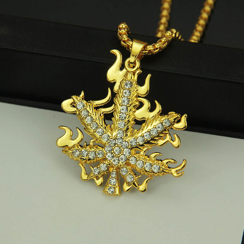 Wholesale Hip Hop Fire Maple Leaf Necklace With Diamond Pendant Clasp Chain