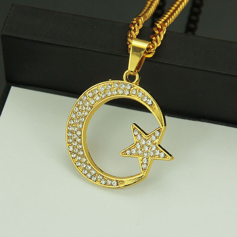Hip Hop Necklace With Full Diamond Moon And Star Alloy Pendant Necklace Supplier