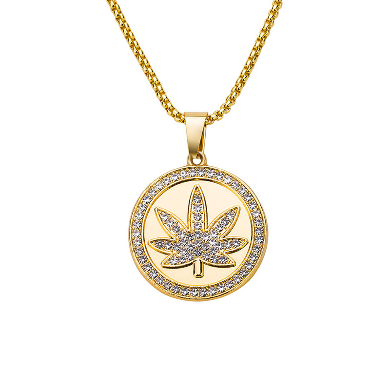 Wholesale Large Maple Leaf Pendant Long Necklace With Diamonds And Gold Chain