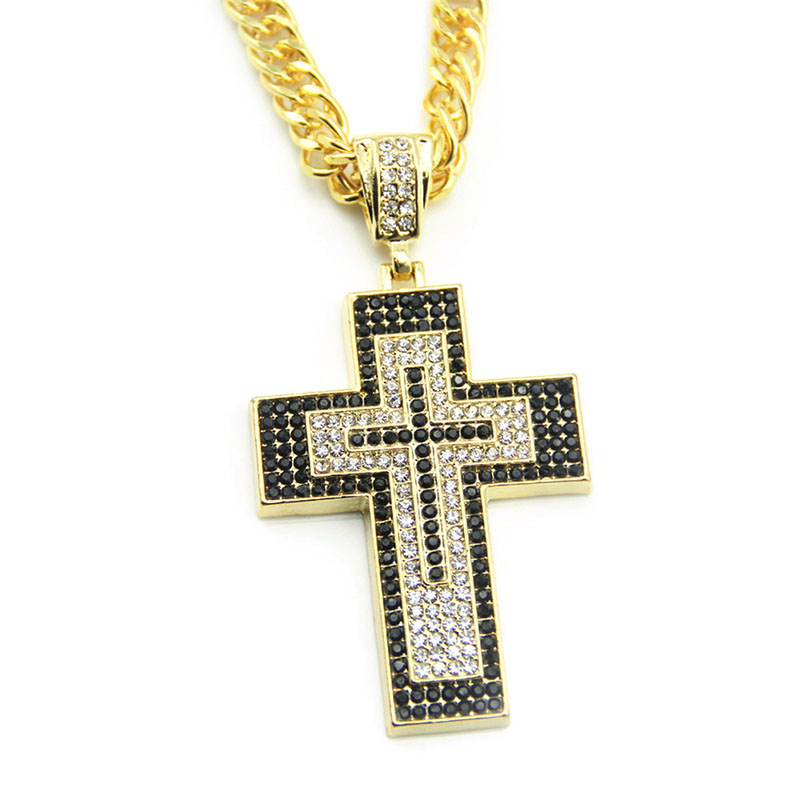 Wholesale Jewelry Men's Diamond Encrusted Black And White Rhinestone Cross Pendant Necklace
