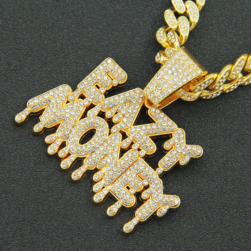 Full Diamond Pieced Letter Pendant Necklace With Large Teardrop Clasp Hip Hop Cuban Chain Manufacturer