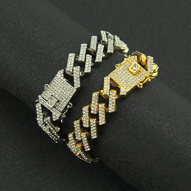 Wholesale Jewelry Hipster Diamond Shaped Men's Bracelet With Full Diamonds Cuban Chain 15mm Wide