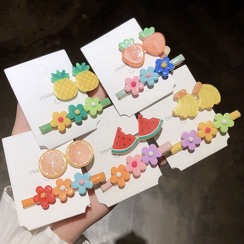 Teenage Girls Small Fresh Flowers Hair Clip 2 Pieces Combination Childish Cute Candy Color Fruit Bb Clip Distributor