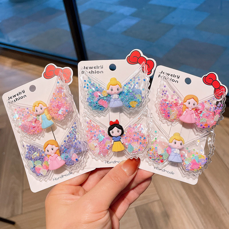 Children's Quicksand Cartoon Princess Hair Clip Angel Wings Girls Baby Package Cloth Duckbill Clip Hair Card Distributor