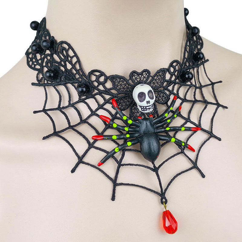 Wholesale Jewelry Vintage Halloween Necklace Skull Lace Horror Spider Multi-layers
