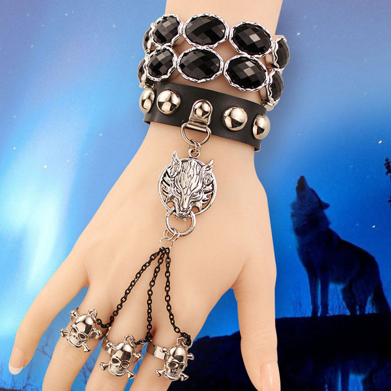 Wholesale Jewelry Vintage Gothic Punk Bracelet Wolf Skull Leather With Ring