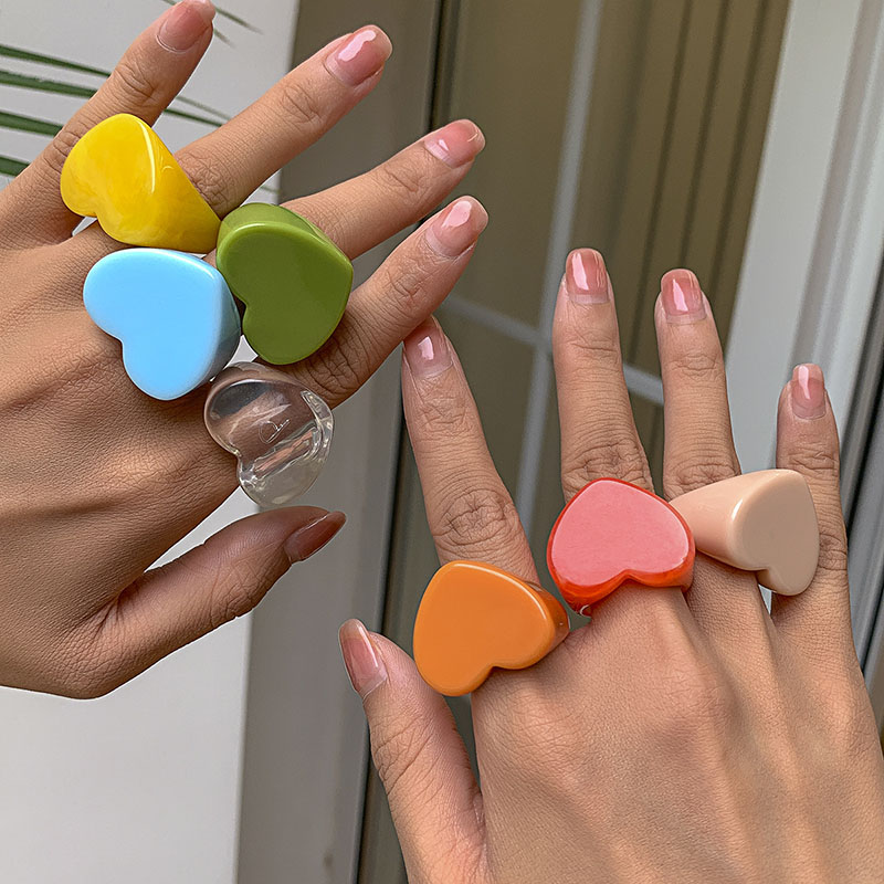 Wholesale Jewelry Retro Heart-shaped Candy-colored Wide Edge Finger Ring Simple Vegetarian Circle Color Love Ring