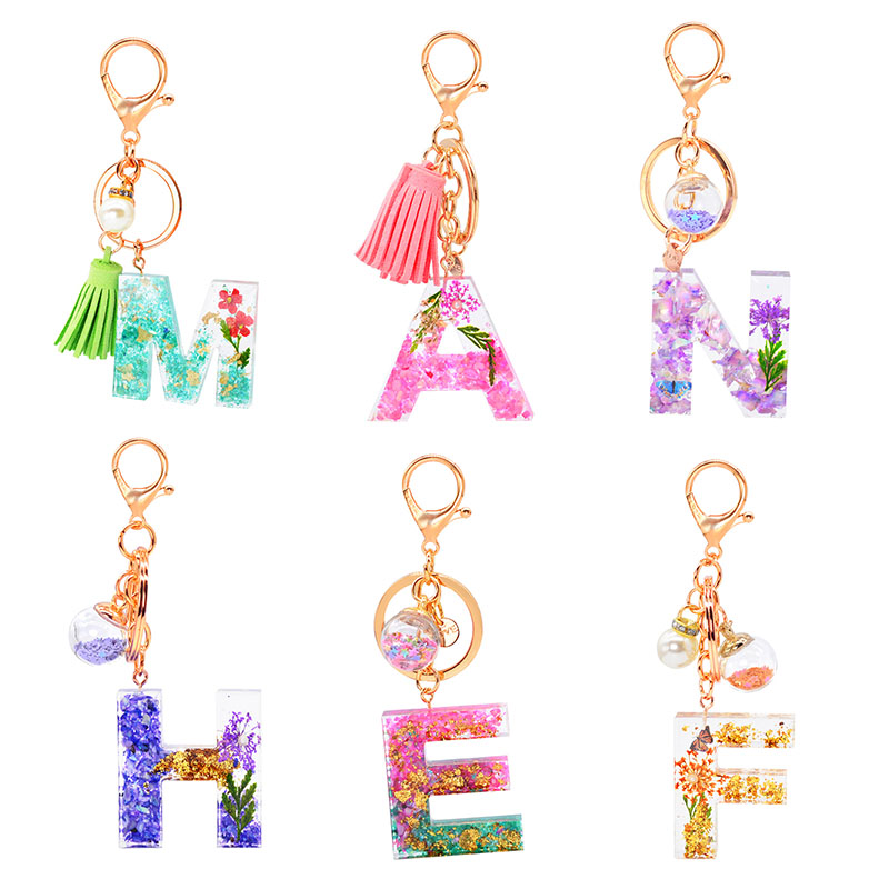 Wholesale Jewelry Resin English Letters Keychain Handmade Pink Dried Flowers Crushed Shell Drip