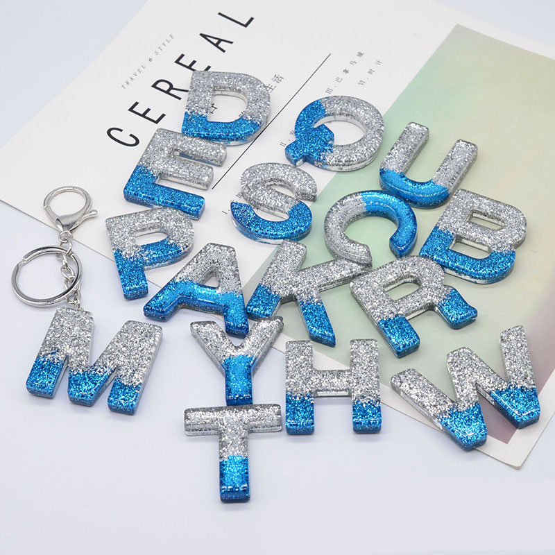 Wholesale Jewelry Resin Drip Resin Silver Glitter Splicing Blue Letters Keychain