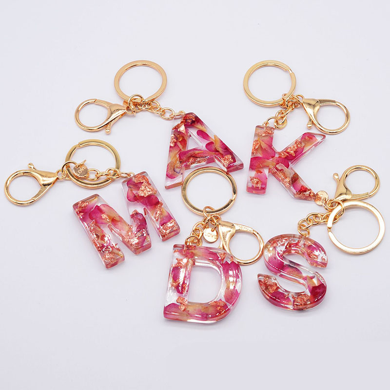 Wholesale Jewelry English Letters Drip Glue Rose Gold Foil Petals Resin Keychain