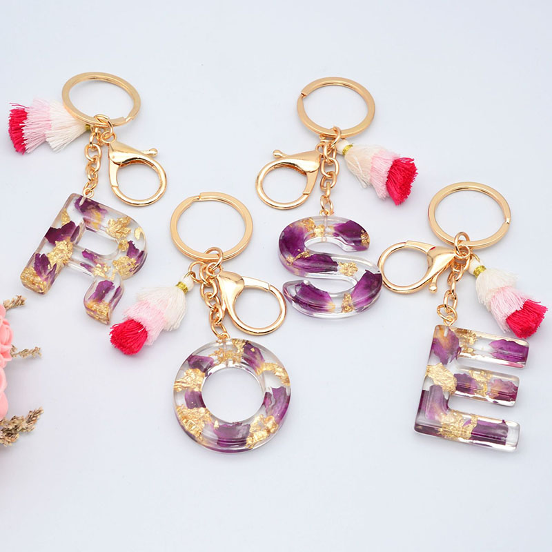 Wholesale Jewelry Purple Rose Tassel Keychain 26 Letters Of The Alphabet Resin Cute
