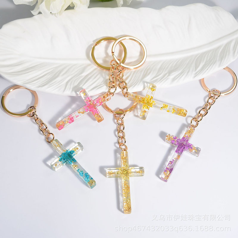 Wholesale Popular Pendant Handmade Drip Glue Floral Cross Keychain