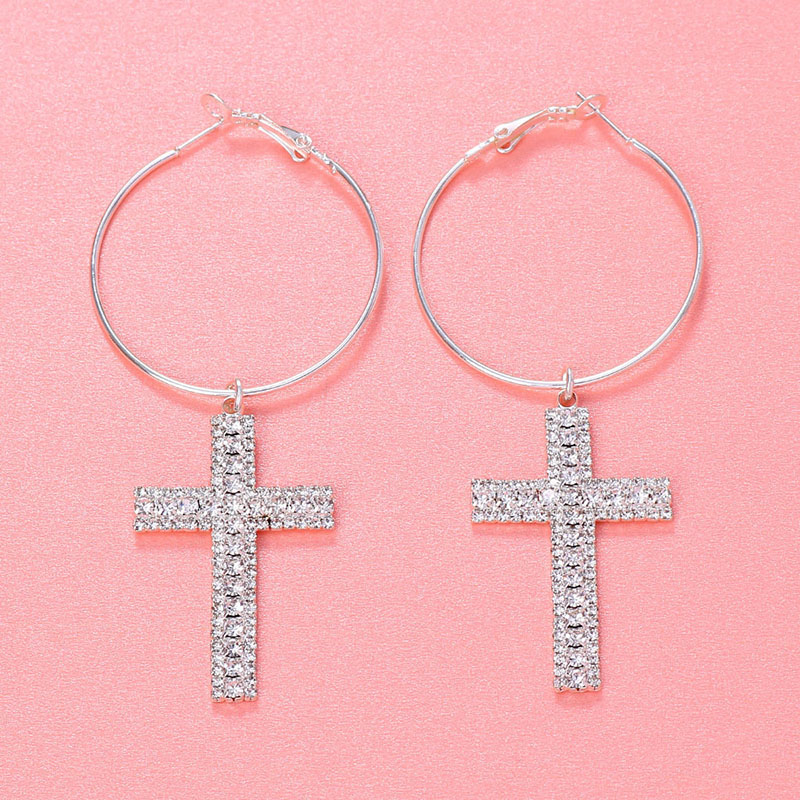 Wholesale Jewelry Crucifix Earrings Women's Personalized Fashion Exaggerated Rhinestone Hoop Earrings