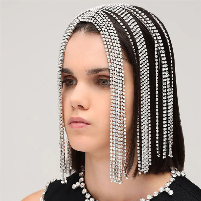 Luxury Short Tassel Hair Chain Exaggerated Stage Performance Rhinestone Headdress Supplier