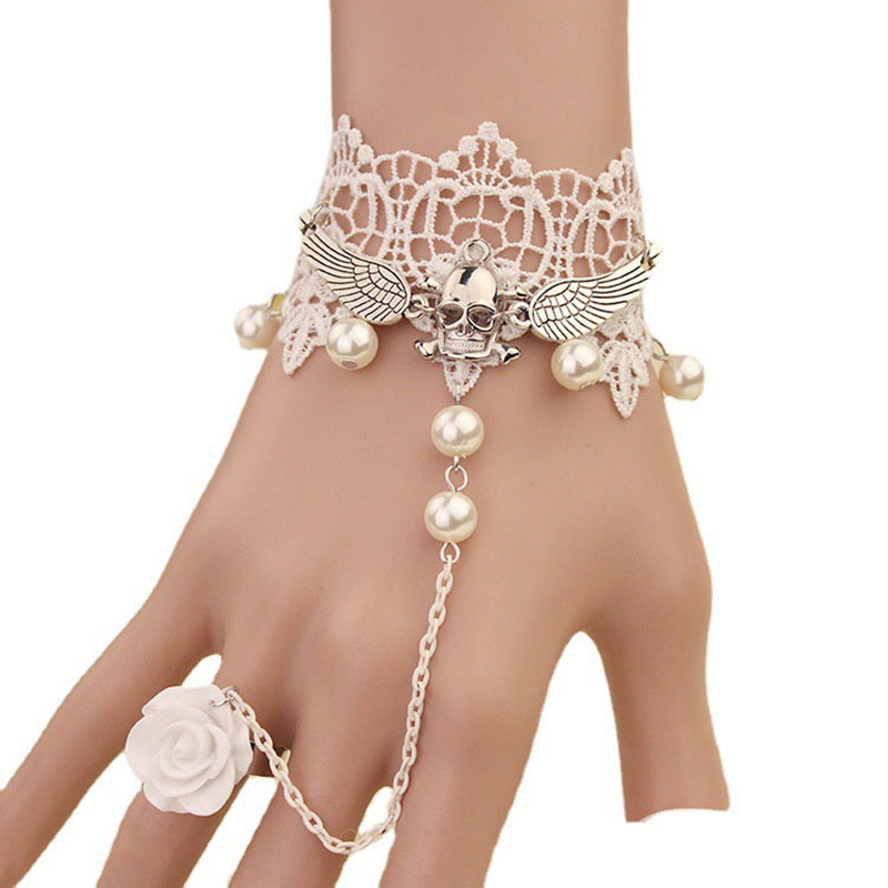 Trendy Models Halloween Skull Vintage White Lace Bridal Bracelets Manufacturer