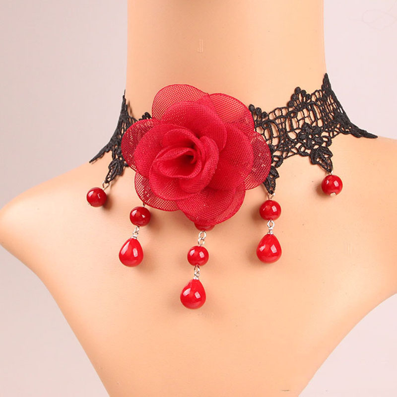 Vintage Vampire Black Lace Necklace Red Rose Halloween Manufacturer