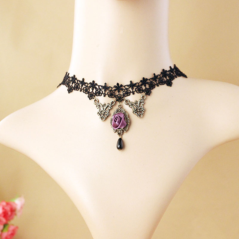 Black Lace Vintage Necklace Purple Rose Halloween Manufacturer