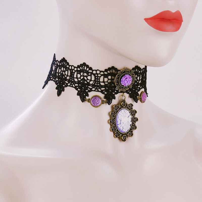 Vintage Black Lace Purple Flower Necklace Choker Japan And Korea Halloween Manufacturer