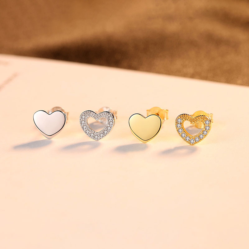 Wholesale Gold Stud Earrings Love S925 Silver Zircon Asymmetric Peach Heart