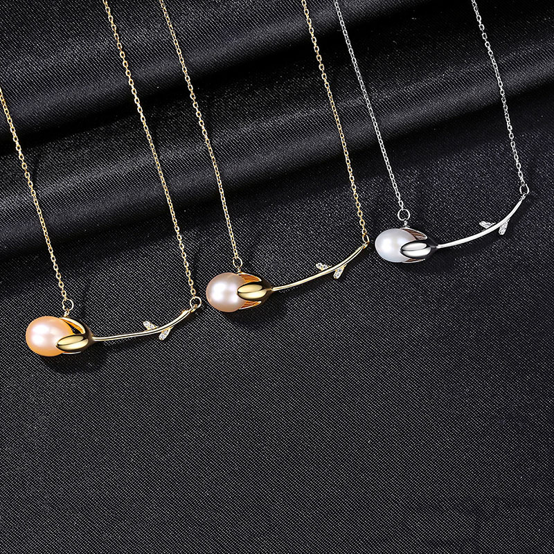 Wholesale 925 Sterling Silver Temperament Collarbone Chain Creative Rose Shape Freshwater Pearl Necklace
