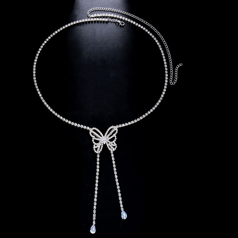 Wholesale Jewelry Fashion Long Tassel Rhinestone Necklace Trendy Full Of Diamonds Butterfly Necklace
