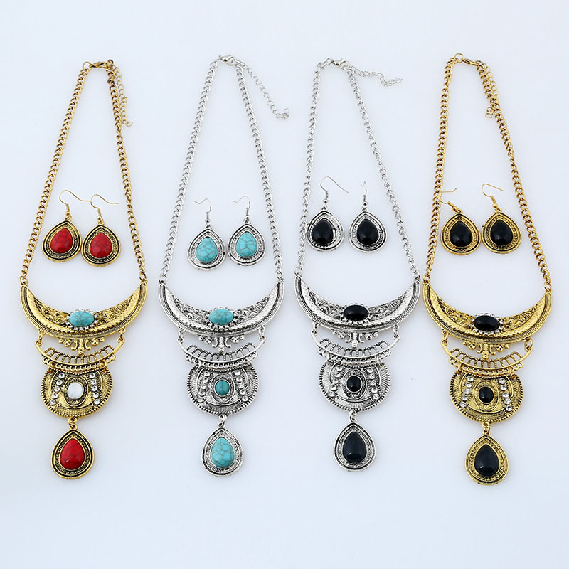 Wholesale Jewelry Personalized Exaggerated Multi-layer Vintage Droplet With Diamond Necklace Earrings Set