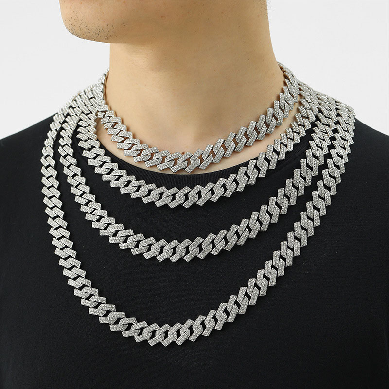 Wholesale 15mm Exaggerated Domineering Set Full Of Diamonds Tide Hip Hop Big Gold Chain Necklace