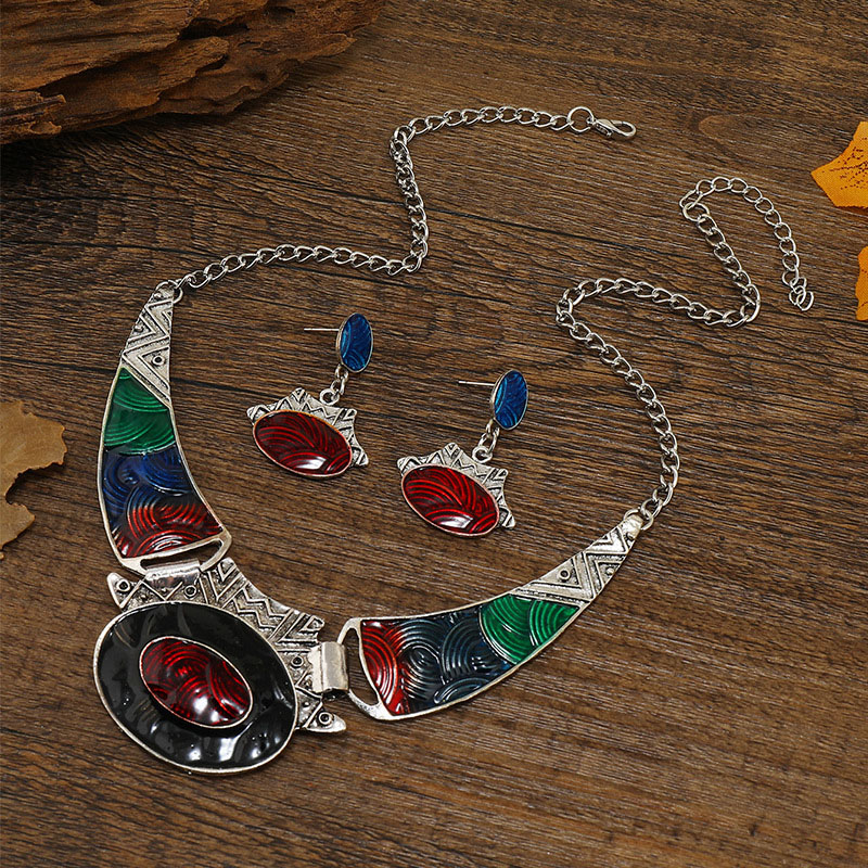 Wholesale Jewelry Fashion Oil Drip Colorful Vintage Floral Necklace Earrings Set