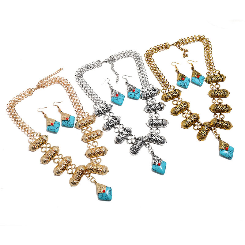 Wholesale Jewelry Exaggerated Long Sexy Classic Vintage Turquoise Earrings Necklace Set