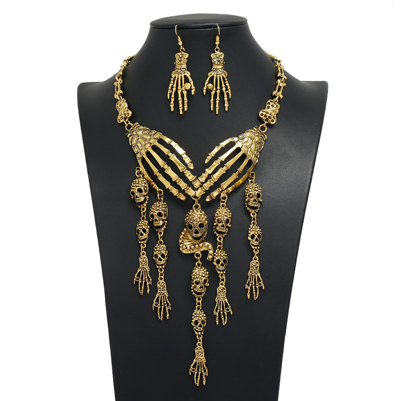 Wholesale Jewelry Halloween Hand Claw Clavicle Chain Vintage Exaggerated Multi-layered Skull Tassel Necklace