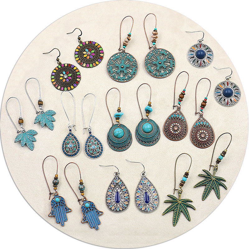 Wholesale Popular Vintage Earrings Fashion Leaves With Colored Diamonds Stud Earrings Set