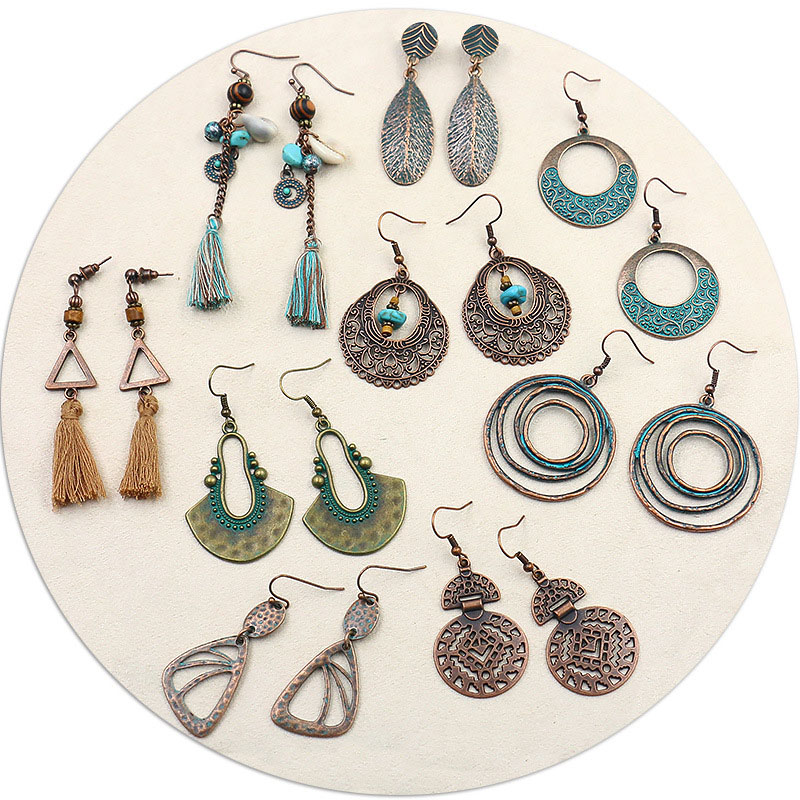 Wholesale Ethnic Style Exaggerated Versatile Vintage Alloy Geometric Turquoise Tassel Earrings Set