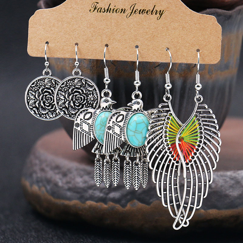 Wholesale Earrings Multi Pairs Of A Card Fashion Owl Wings Earrings Silver