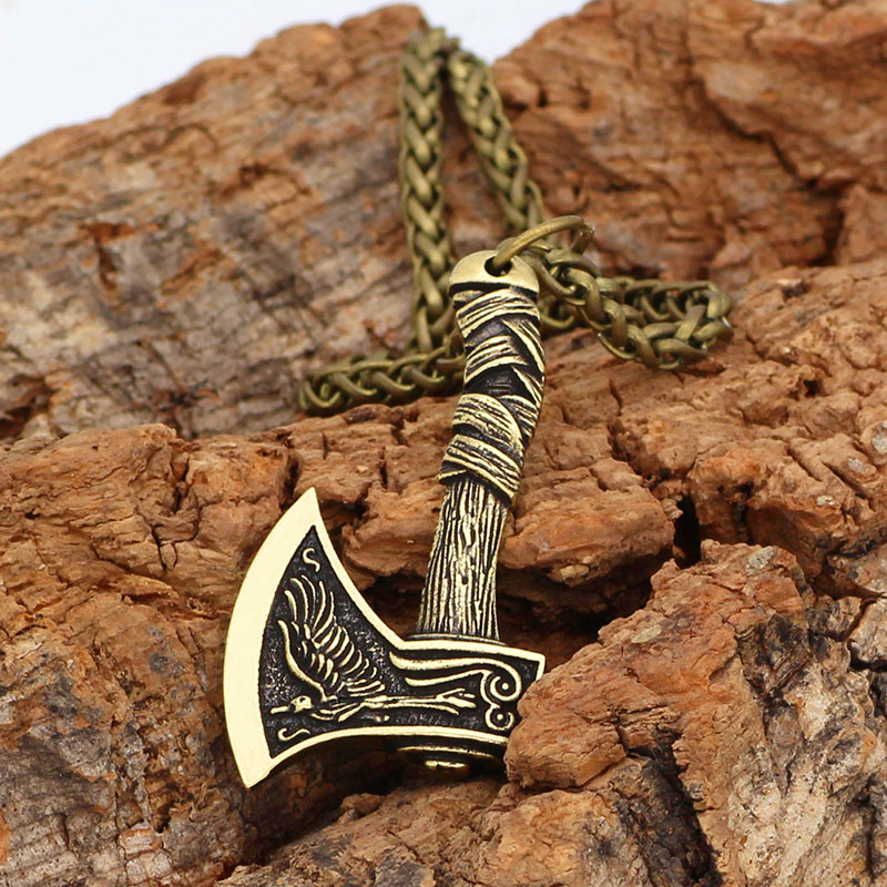 Wholesale Viking Celtic Wolf Raven Double-sided Axe Pendant Necklace