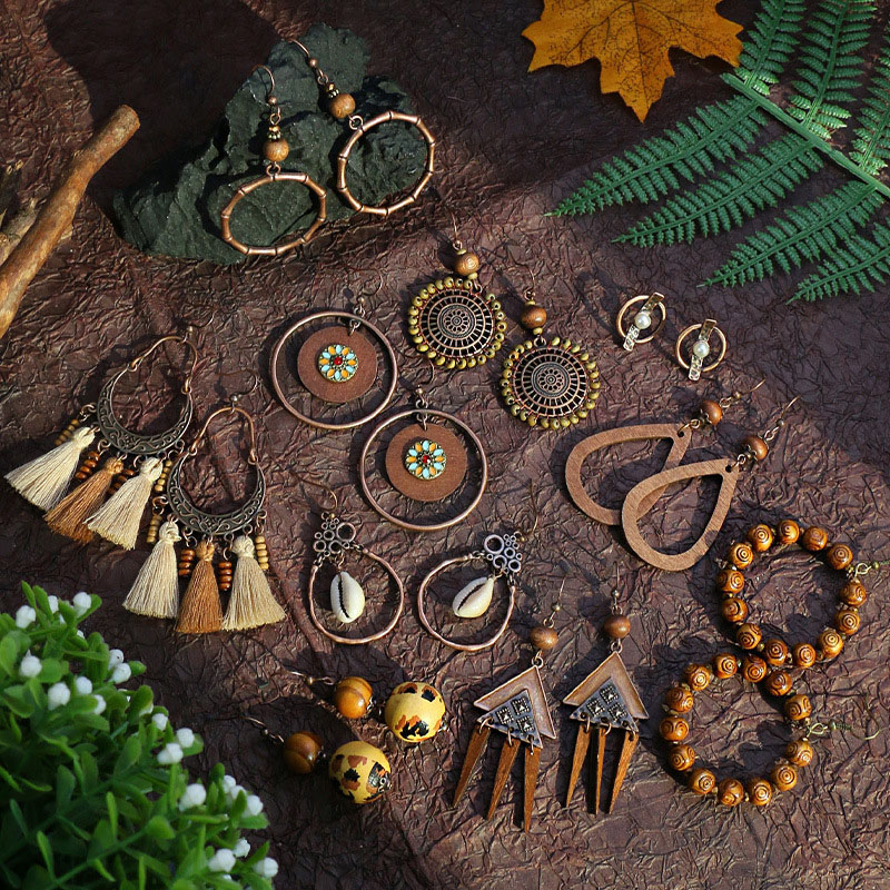 Fashion Vintage Wooden Beads Hand-woven Geometric Hollow Wood Tassel Earrings Supplier