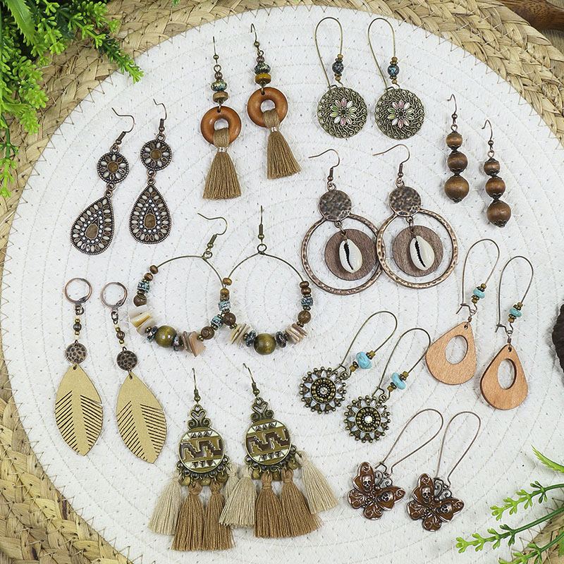 Vintage Tassel Ethnic Wind Round Hollow Large Circle Shells Wooden Earrings Ring Supplier