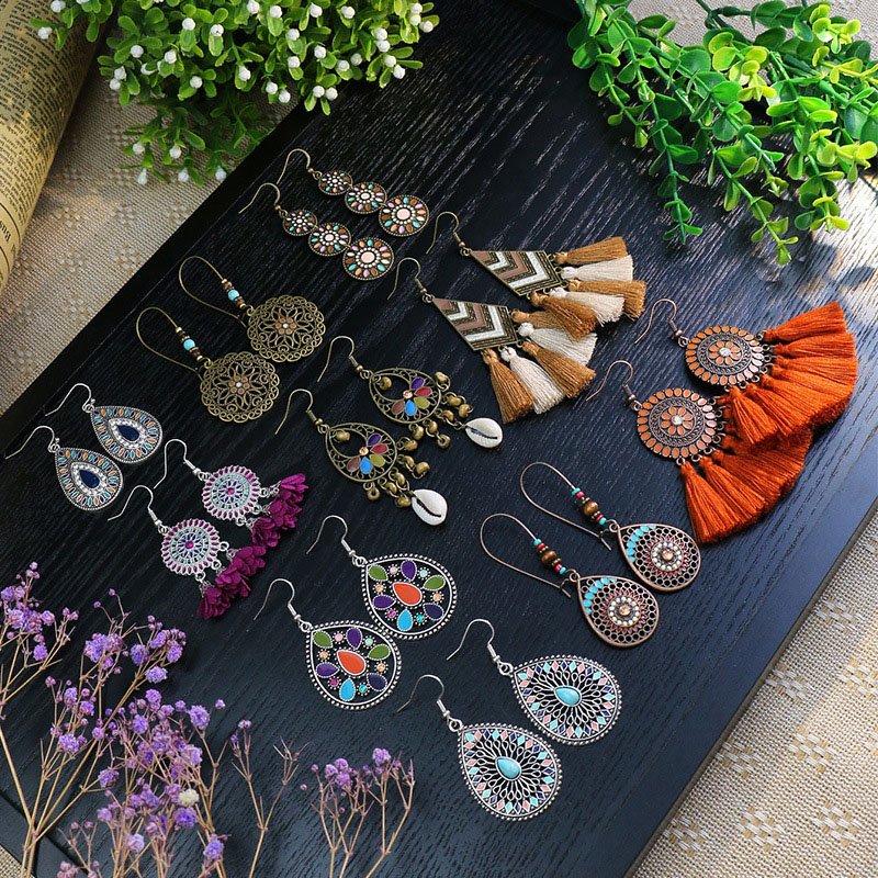 Retro Ethnic Style Tassel Alloy Oil Drip Earrings Set Of Water Drops Hollow Flowers Supplier