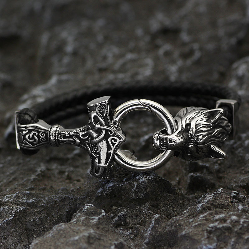 Wholesale Personalized Leather Stainless Steel Pirate Wolf Head Bracelet