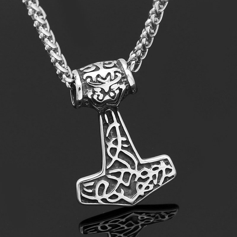 Wholesale Nordic Viking Totem Hammer Pendant Necklace Titanium Steel Sweater Chain