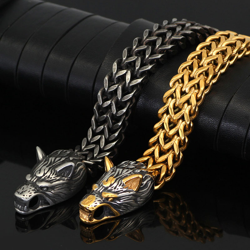 Wholesale Scandinavian Mythology Titanium Steel Non-fading Vintage Personality Viking Wolf Head Bracelet