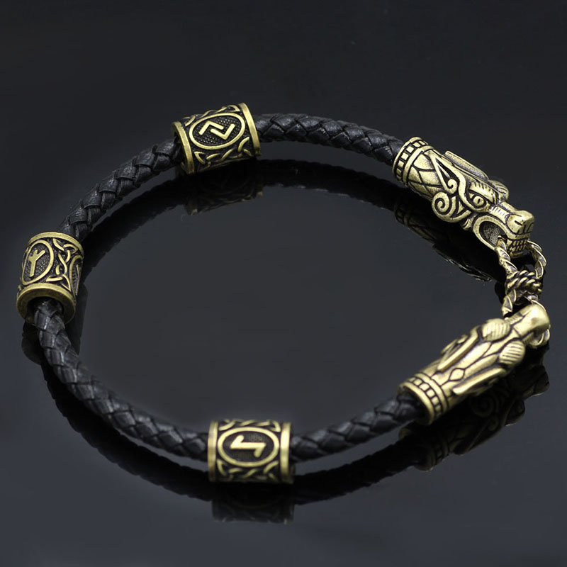 Wholesale Nordic Viking Symbol Beads Odin Dragon Head Real Cowhide Bracelet