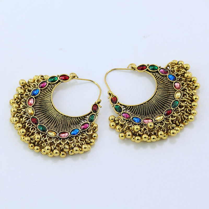 Bohemian Vintage Personality Colorful Fan Earrings Bell Alloy Small Round Ball Tassel Supplier