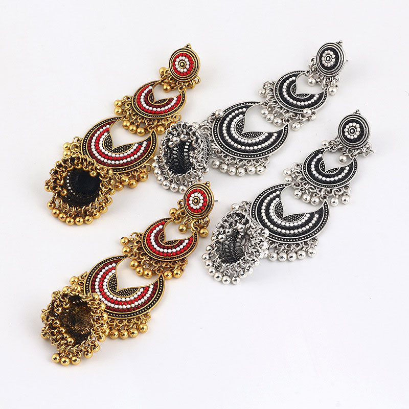 Long Chain Tassel Personality Earrings Indian Ethnic Wind Half Round Rice Beads Creative Earrings Manufacturer